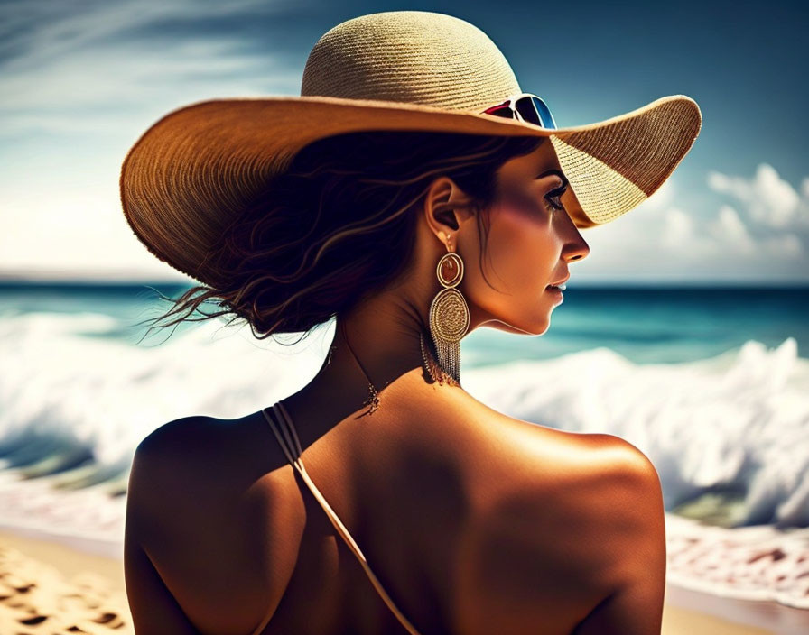 Woman in wide-brimmed hat by the sea with sunglasses and earrings