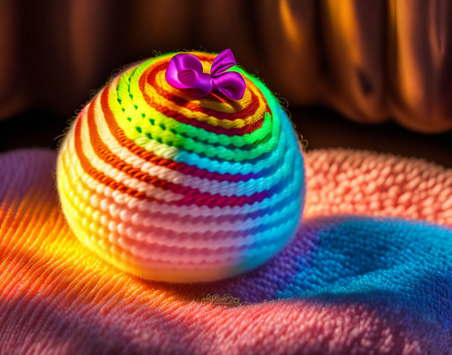 Colorful Crocheted Ball with Purple Bow on Textured Surface