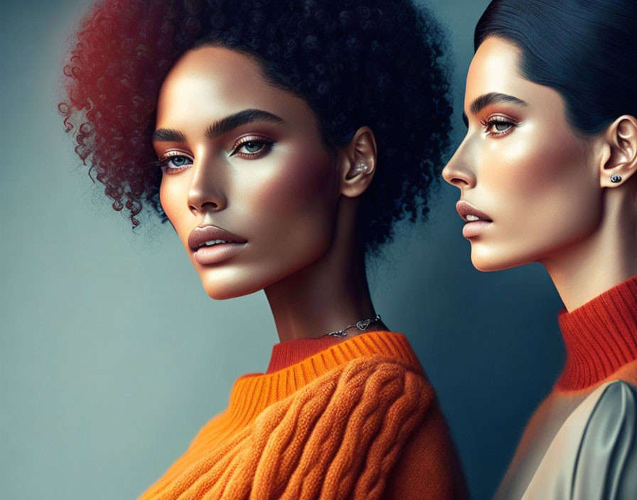 Two women in orange and beige tops with flawless makeup against a cool-toned backdrop