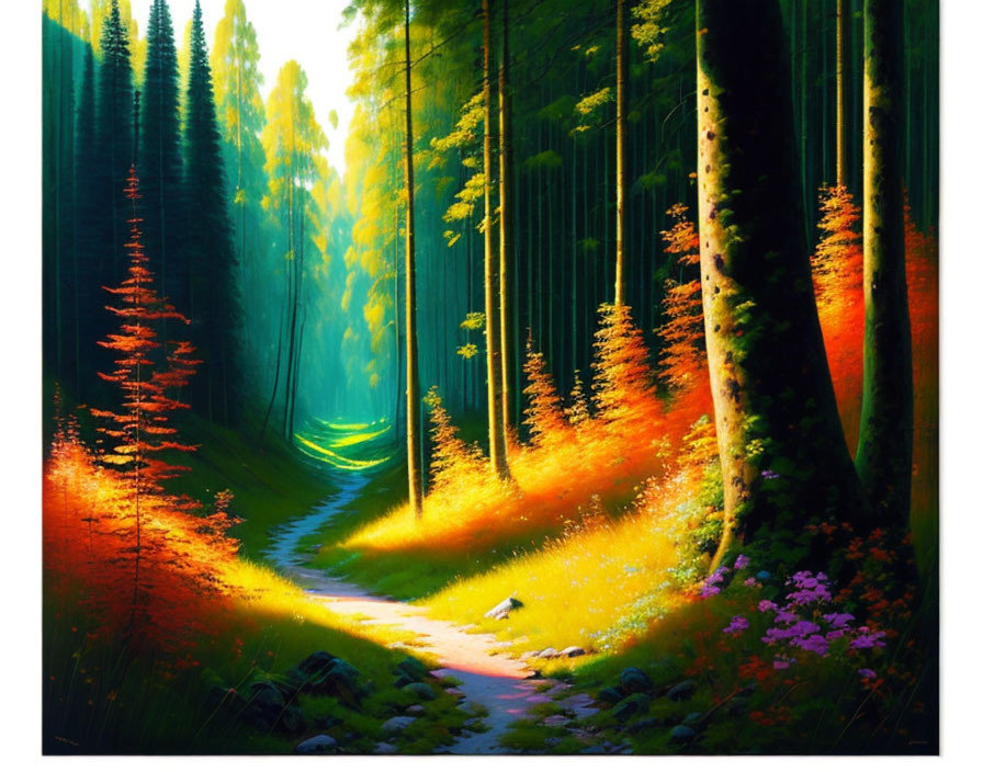 Sunlit forest path through vibrant trees