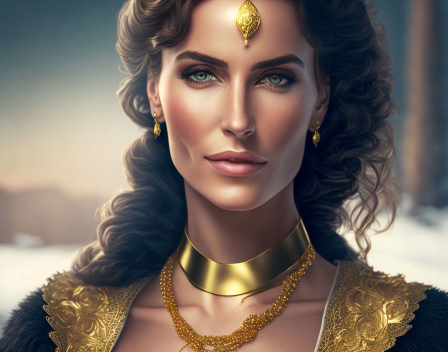 Detailed portrait of a woman with green eyes, wavy hair, and golden jewelry