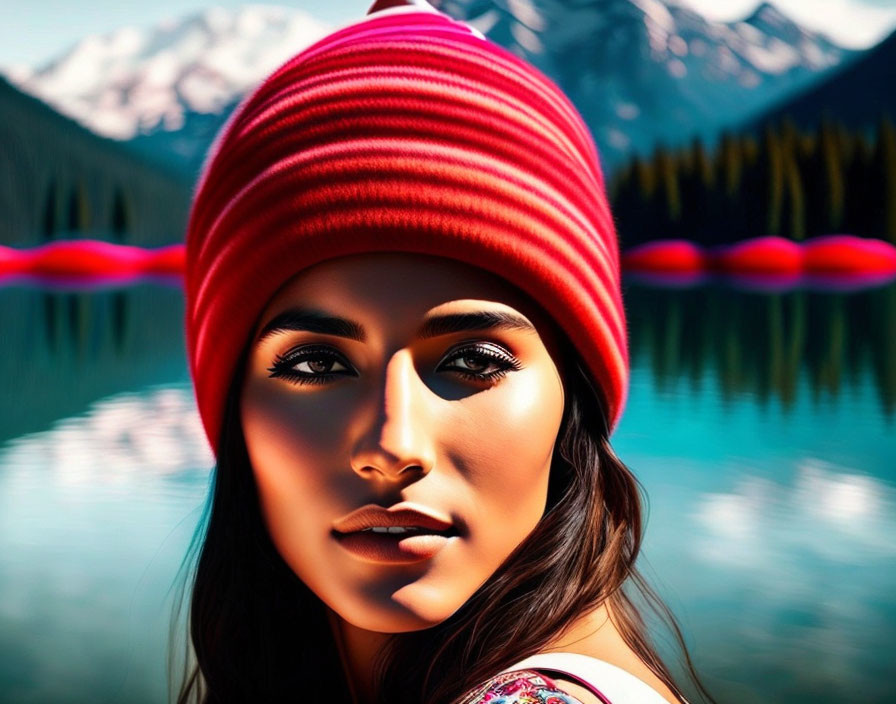 Tan-skinned woman in red beanie with serene lake and mountain landscape