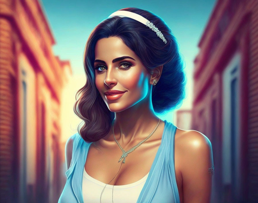 Dark-haired woman in blue top and headband with stylized lighting against city backdrop.