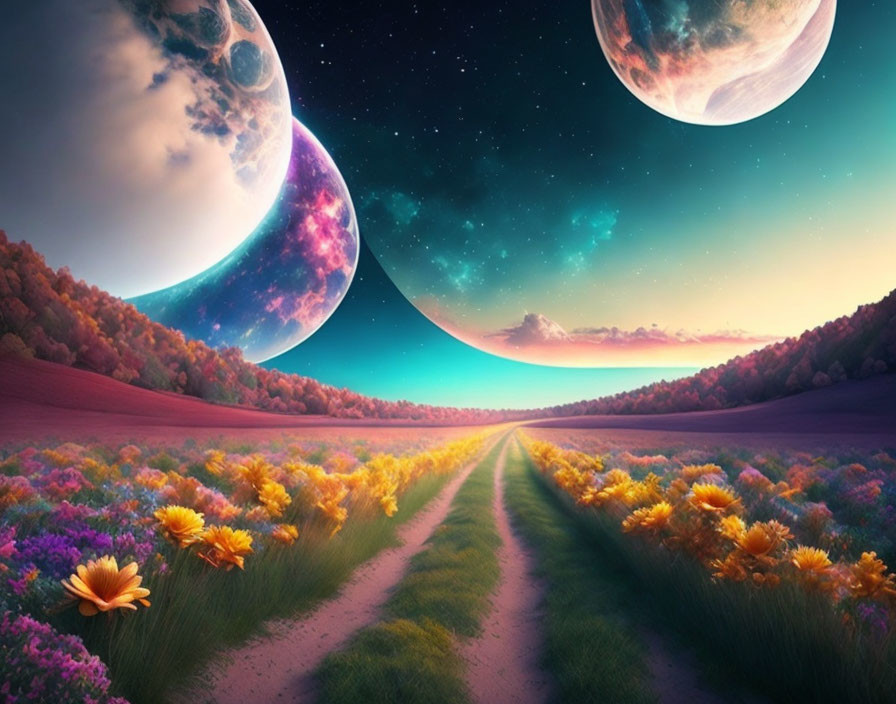 Vibrant Path in Colorful Meadow with Oversized Planets