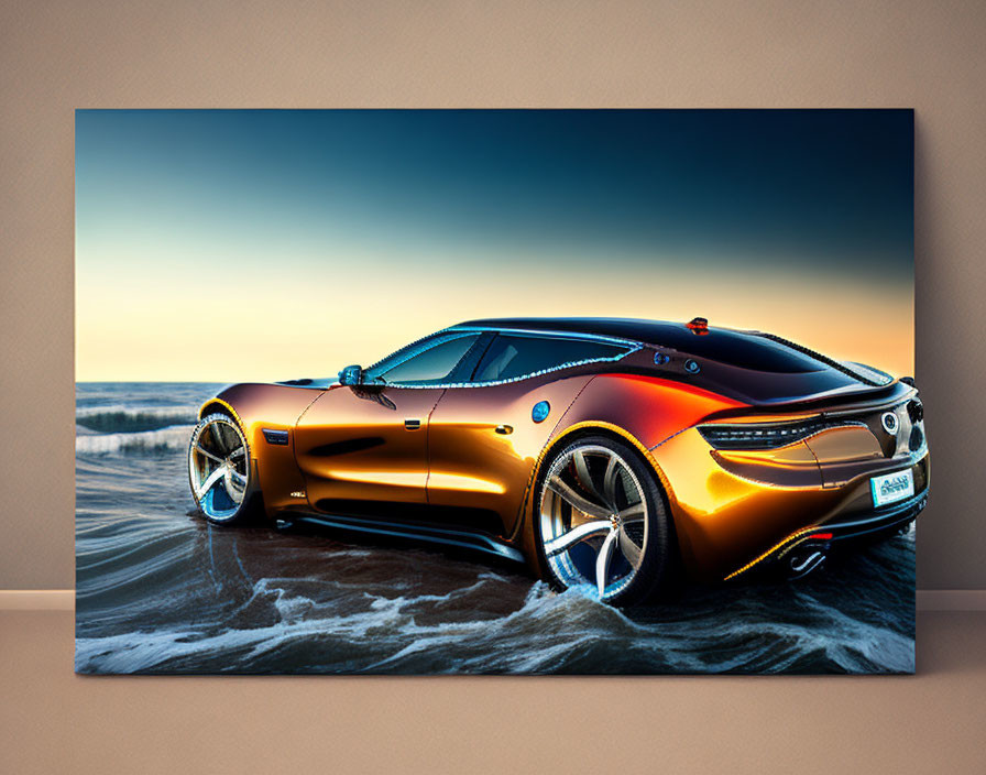 Orange Sports Car on Canvas with Beach Sunset Backdrop