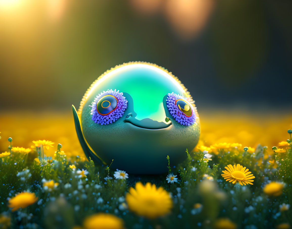 Colorful creature with large eyes smiling in sunlit field