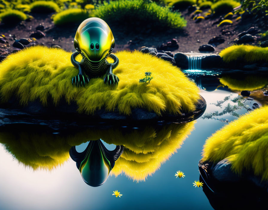 Translucent green head creature on vibrant yellow moss near reflective water body