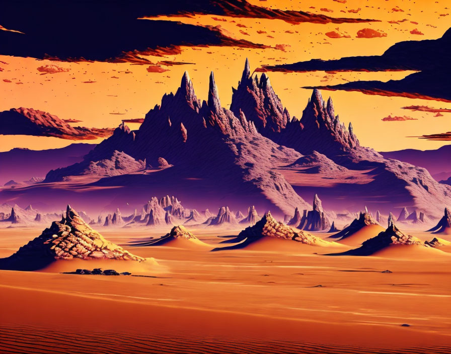 Majestic purple spires in orange desert landscape