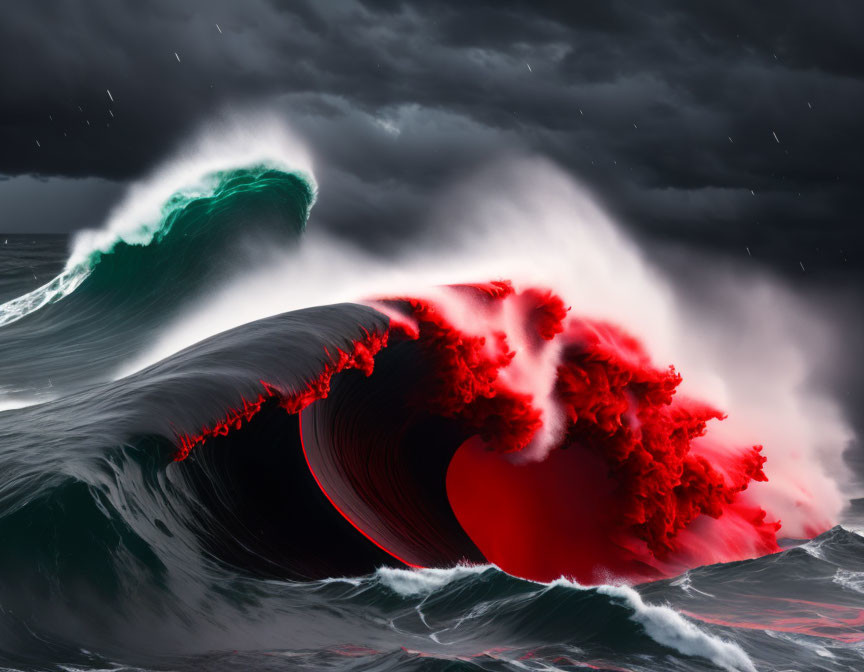 Colossal Waves with Vibrant Red Highlights Under Stormy Sky