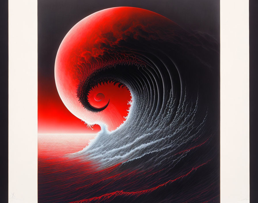 Stylized red wave with spiral crest on sunset background