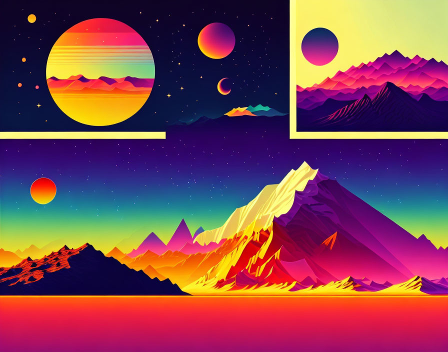 Colorful Stylized Landscape Art: Mountains, Suns, Moons, Planets