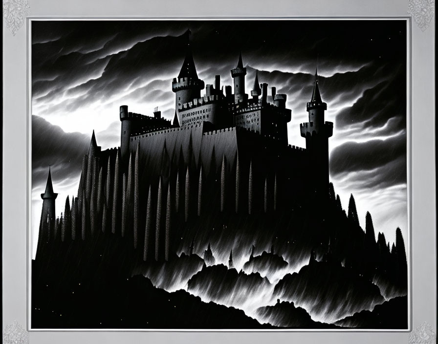 Monochromatic image: Majestic castle against swirling clouds