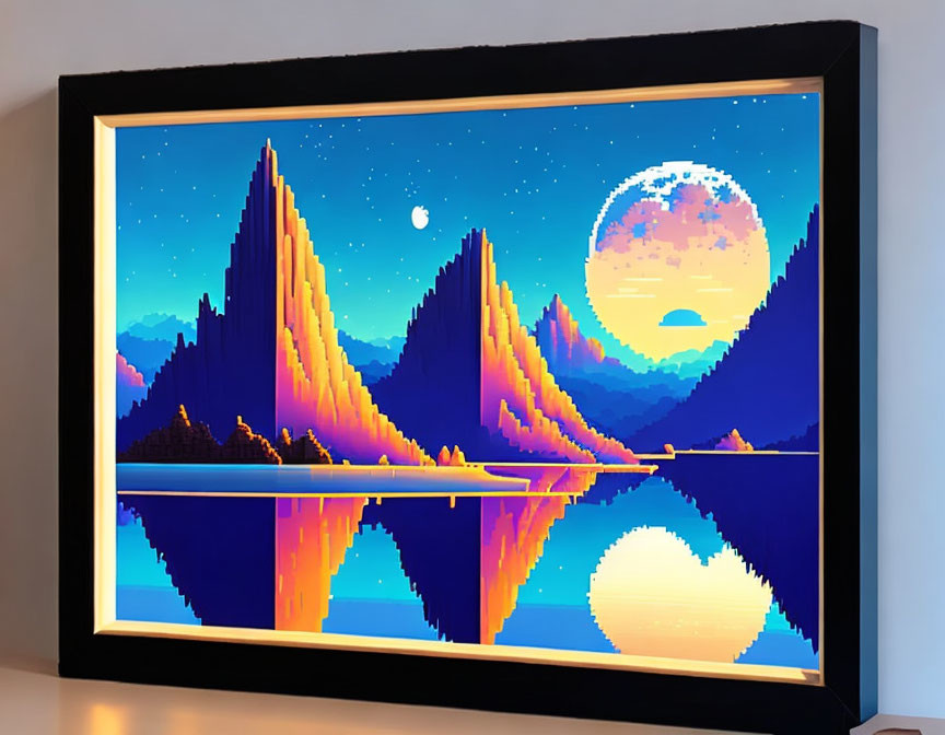 Pixel Art Landscape of Mountains, Lake, Night Sky, and Moon