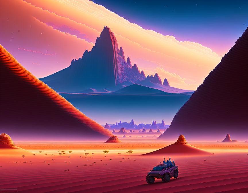 Surreal desert landscape with towering cliffs and dunes under a pink striped sky