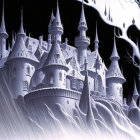 Monochrome fantasy castle on rocky outcrop with twisted trees under lightning sky