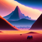 Surreal desert landscape with towering cliffs and dunes under a pink striped sky