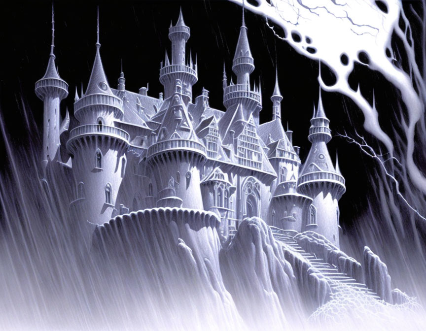 Monochrome fantasy castle on rocky outcrop with twisted trees under lightning sky