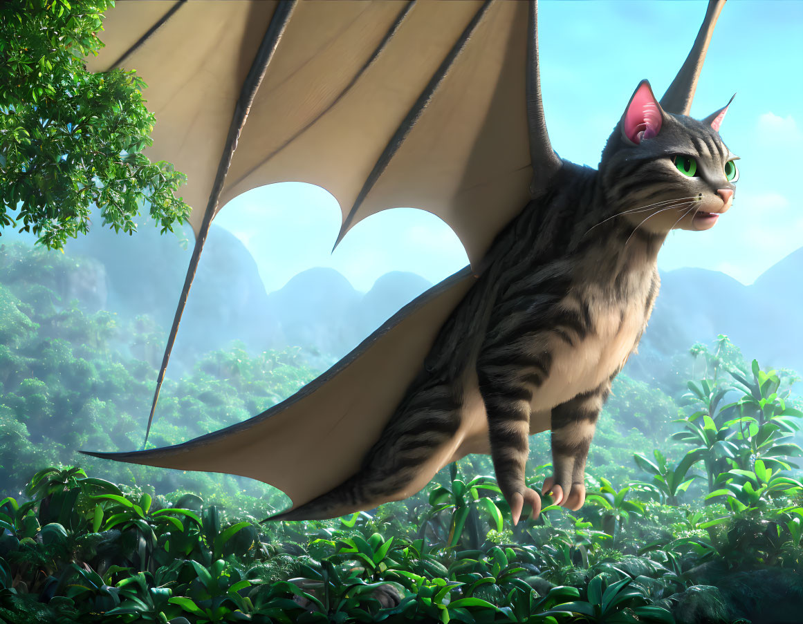 Winged cat with bat-like wings soaring over green forest