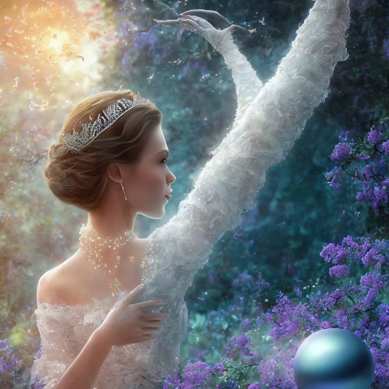 Woman in white gown with tiara surrounded by purple flowers and magical light.