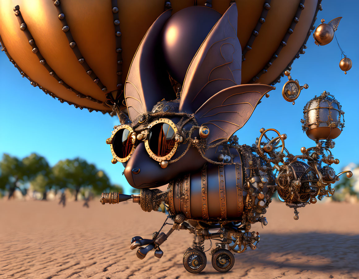 Steampunk mechanical bee with gears and goggles in desert setting