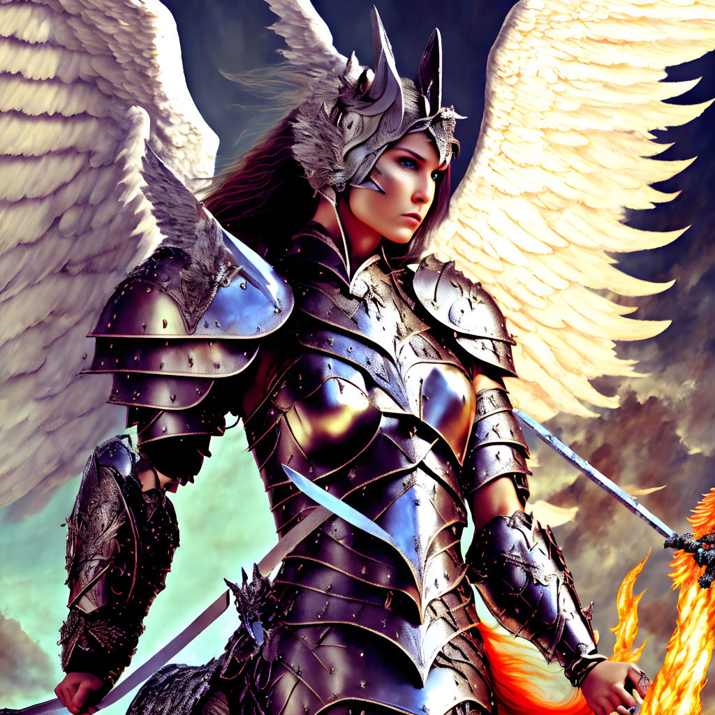 Female warrior with angelic wings in detailed armor holding fiery sword