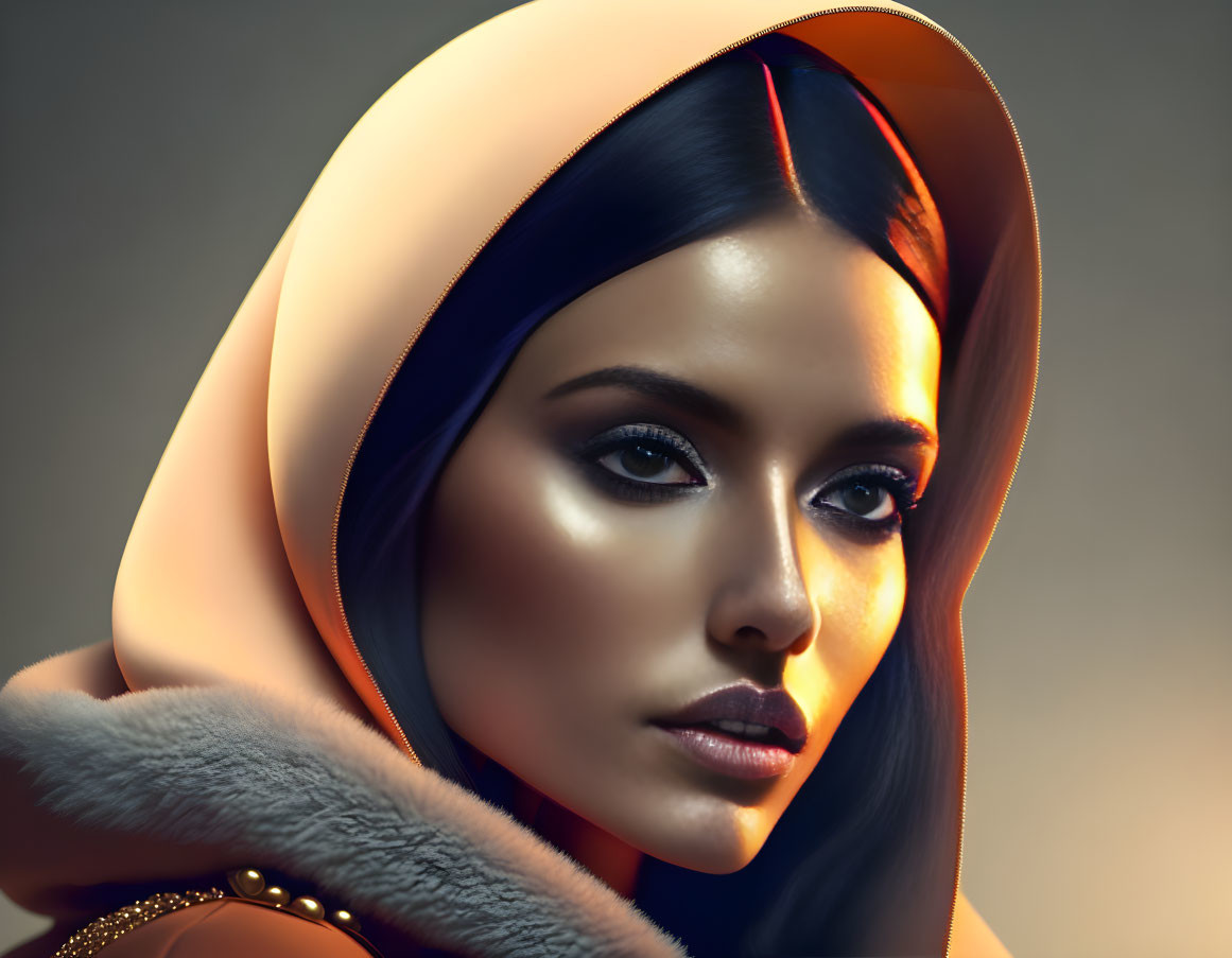 Portrait of woman with striking makeup, hood, fur, focused expression