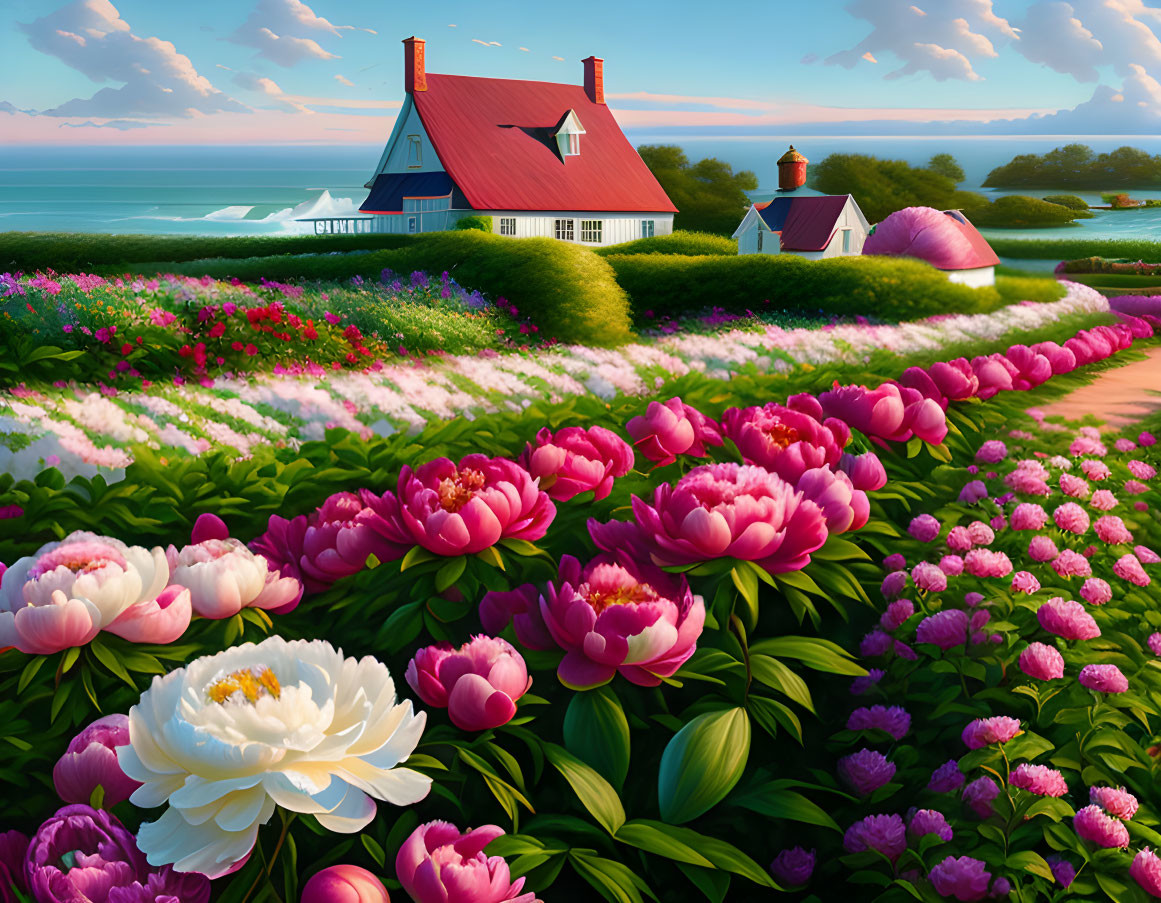 Vibrant pink and white flowers, red-roofed house, sea, and clear sky landscape