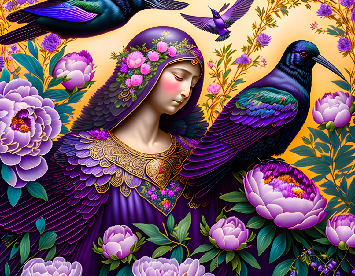 Illustration of woman with floral and bird-like features among purple flowers and iridescent bird