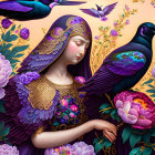 Illustration of woman with floral and bird-like features among purple flowers and iridescent bird