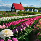 Vibrant pink and white flowers, red-roofed house, sea, and clear sky landscape