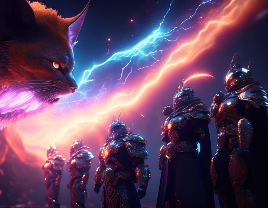 Giant cat watches armored knights under vibrant lightning sky