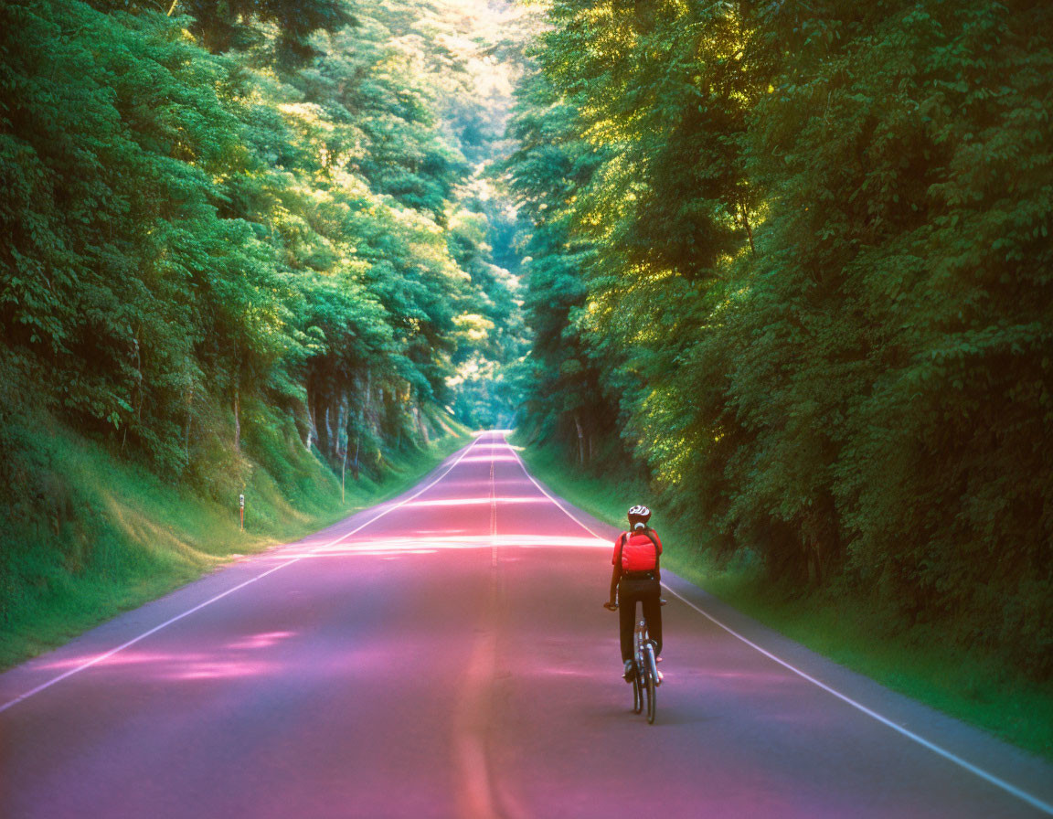 Cyclist on vibrant tree-lined road under pinkish-purple sunlight