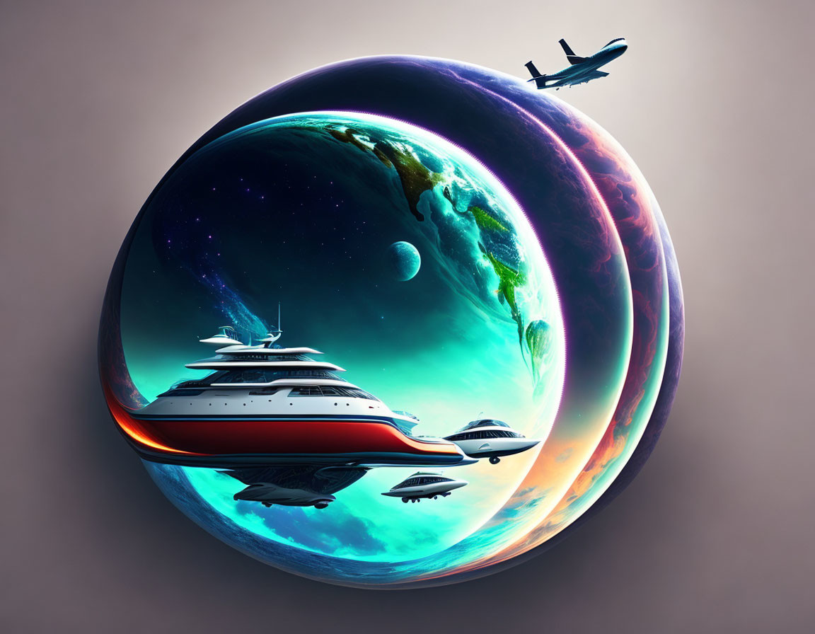 Surreal image: encapsulated world with yacht, spaceships, airplane, vibrant planet, moon