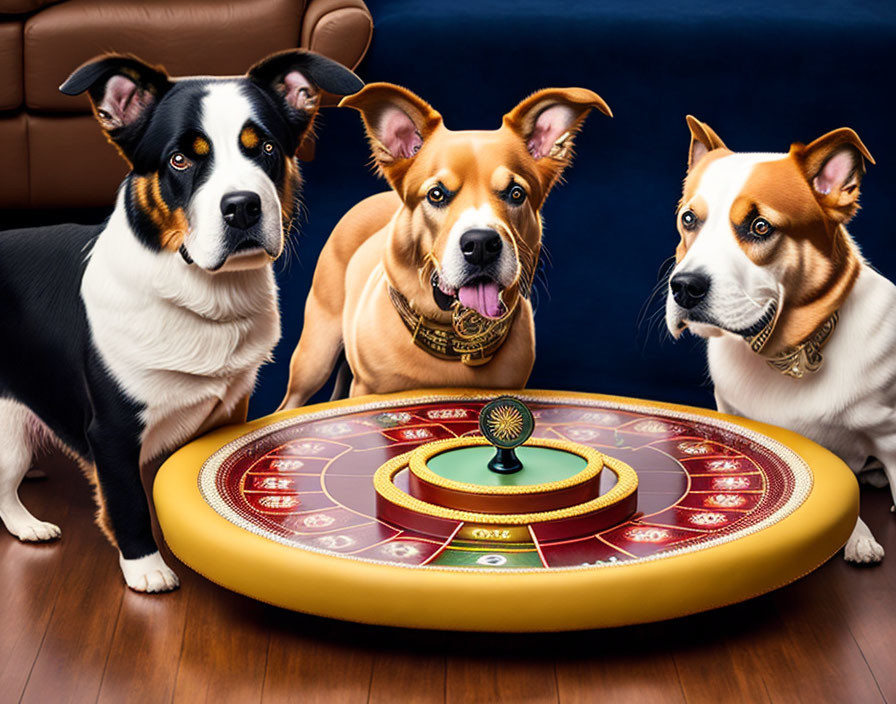 Three playful dogs with a roulette wheel on a luxurious cushion in front of a dark blue background