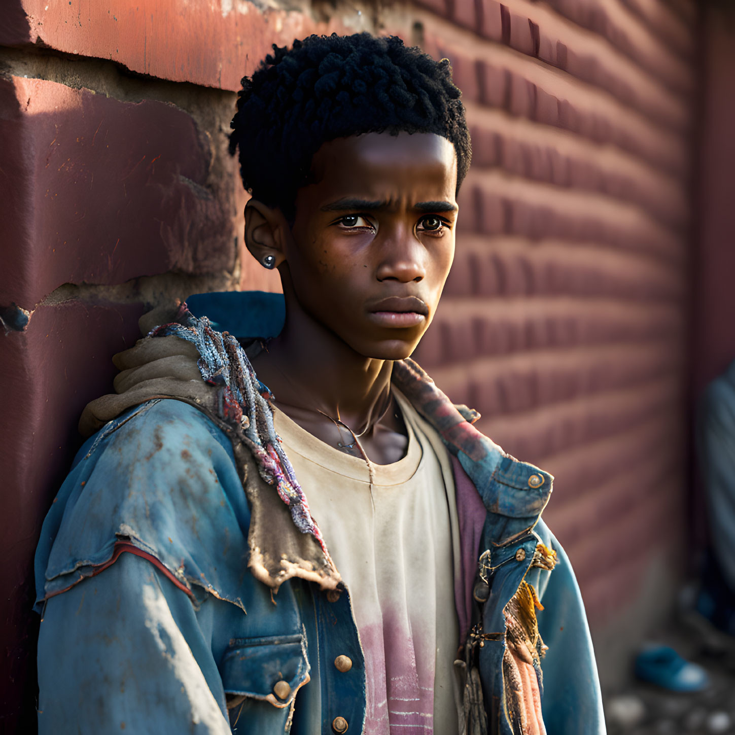 Young person in denim jacket and beige shirt against red brick wall