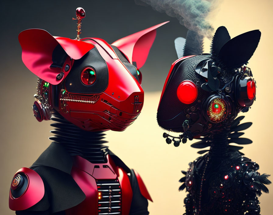 Stylized robotic cat heads with red accents on muted background