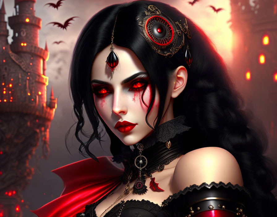 Gothic fantasy female character with dark hair and red eyes in front of castle and bats