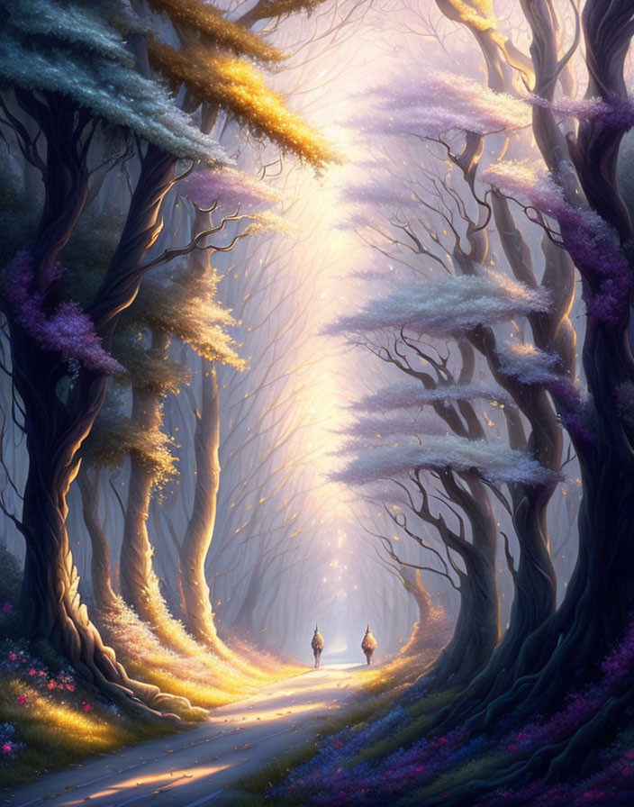 Mystical forest path with towering purple trees and figures walking.