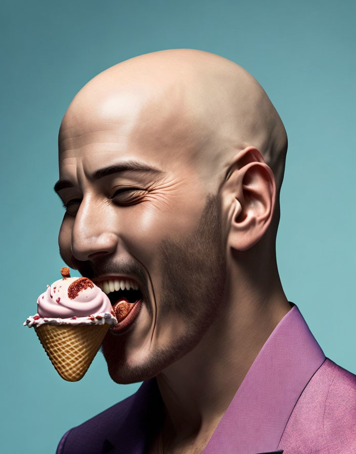 Bald Man in Purple Suit Laughing with Ice Cream Cone Facial Features