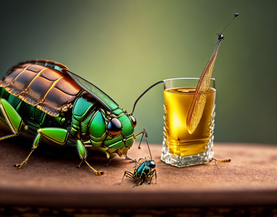 Detailed Green Beetle Interacts with Tiny Blue Beetle Near Citrus Twist Shot Glass