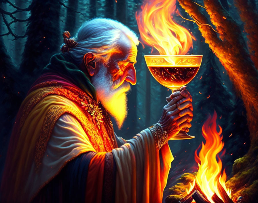 Elderly wizard with white beard examines glowing chalice in mystical forest