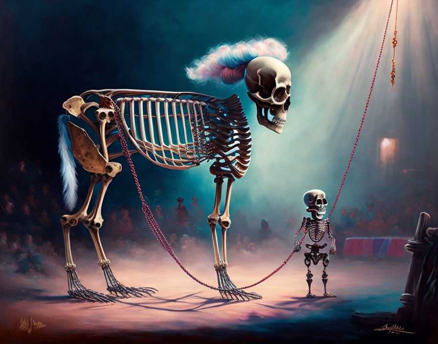 Whimsical Skeleton Circus Painting with Horse, Humanoid, and Performer