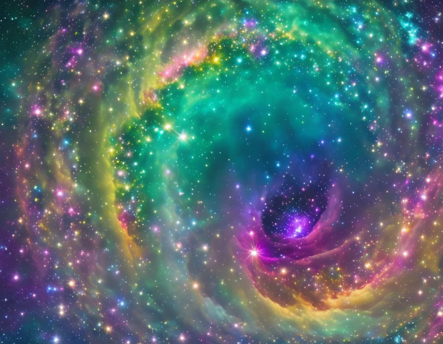 Colorful Swirling Cosmic Scene with Stars in Green, Purple, and Yellow