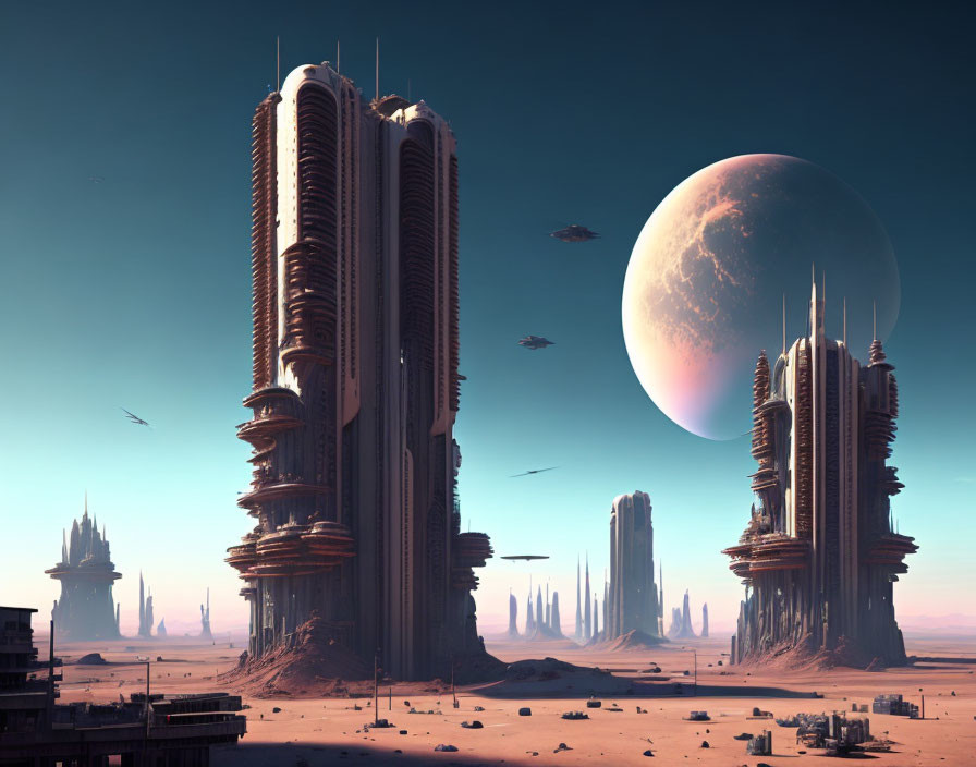 Futuristic cityscape with skyscrapers, flying vehicles, and large planet above desert landscape