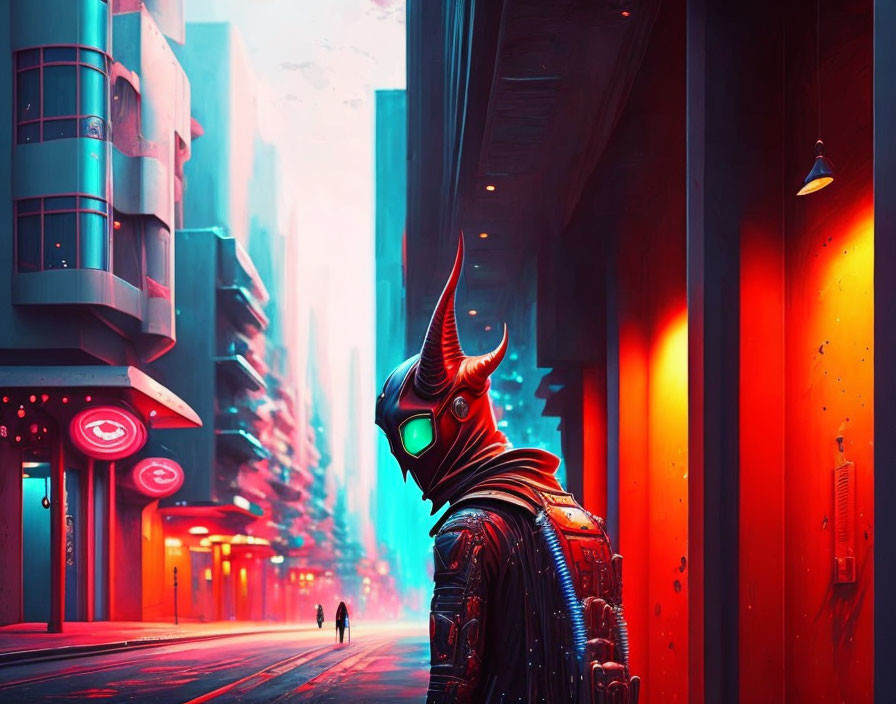 Futuristic armored person in neon-lit city alleyway