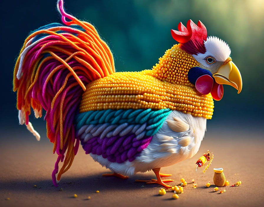 Colorful Rooster Illustration with Yarn and Beads Feathers