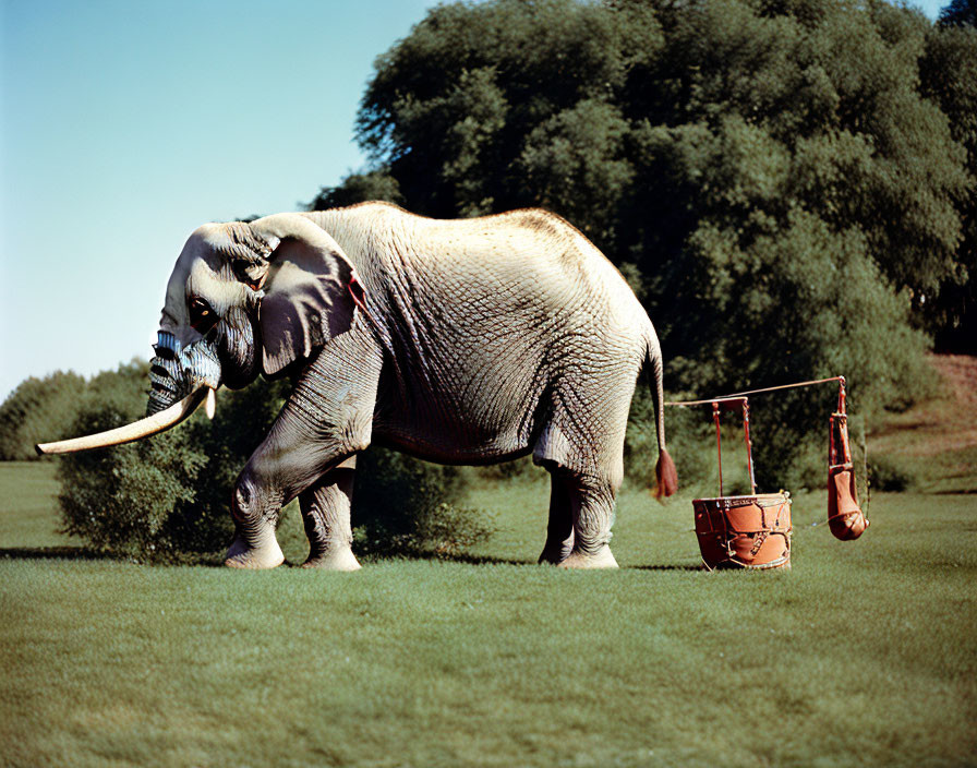 Elephant with Trunk Down, Grass Background & Brown Seat