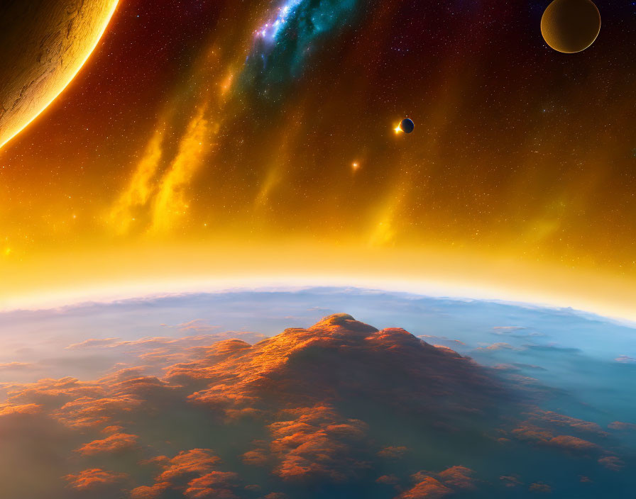 Exoplanet landscape with orange clouds, moons, galaxy, and glowing star.