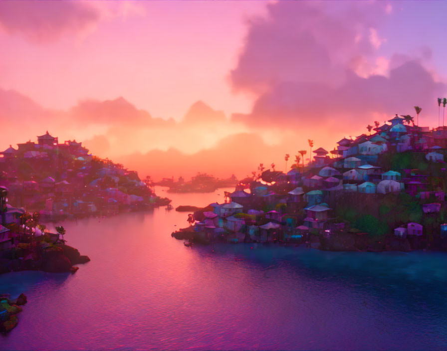 Vivid pink and purple sunset over tranquil town by serene river