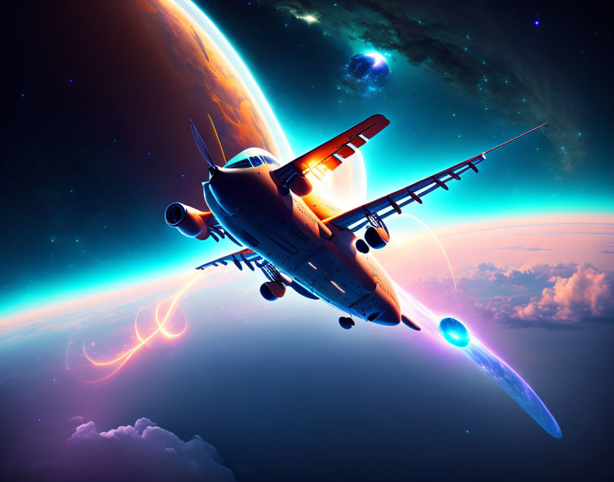 Colorful Nebula and Planets Surround Futuristic Airplane in Outer Space